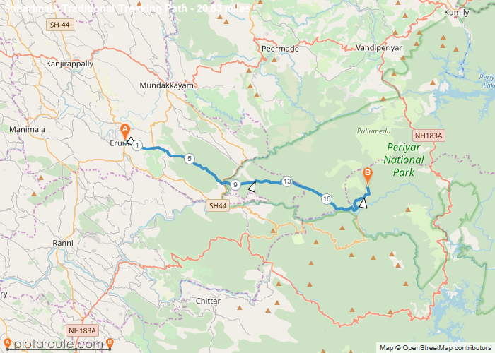 Map of the Sabarimala traditional trekking path, about 20.8 miles from Erumeli to Sabarimala